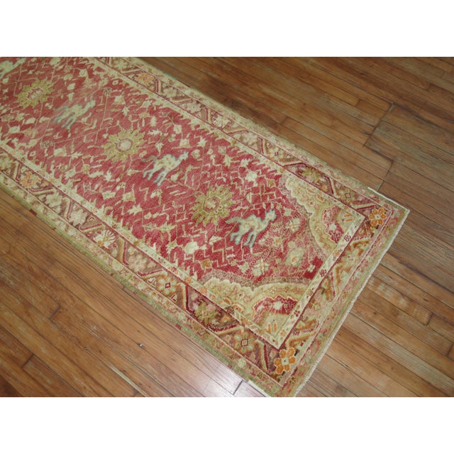 A decorative turkish runner with animals outlined in light blue floating around on a red field. Measures: 3' x 11'5''.