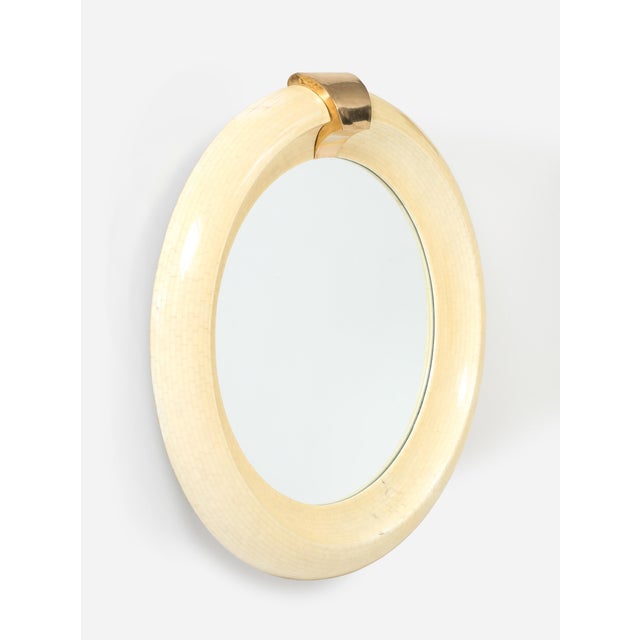 1980s Karl Springer Style Tesselated Bone and Bronze Round Wall Mirror For Sale - Image 5 of 12