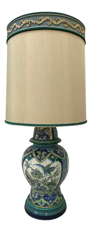 Vintage Hand Painted Ceramic Table Lamp W/ Original Shade by Marbro C.1970