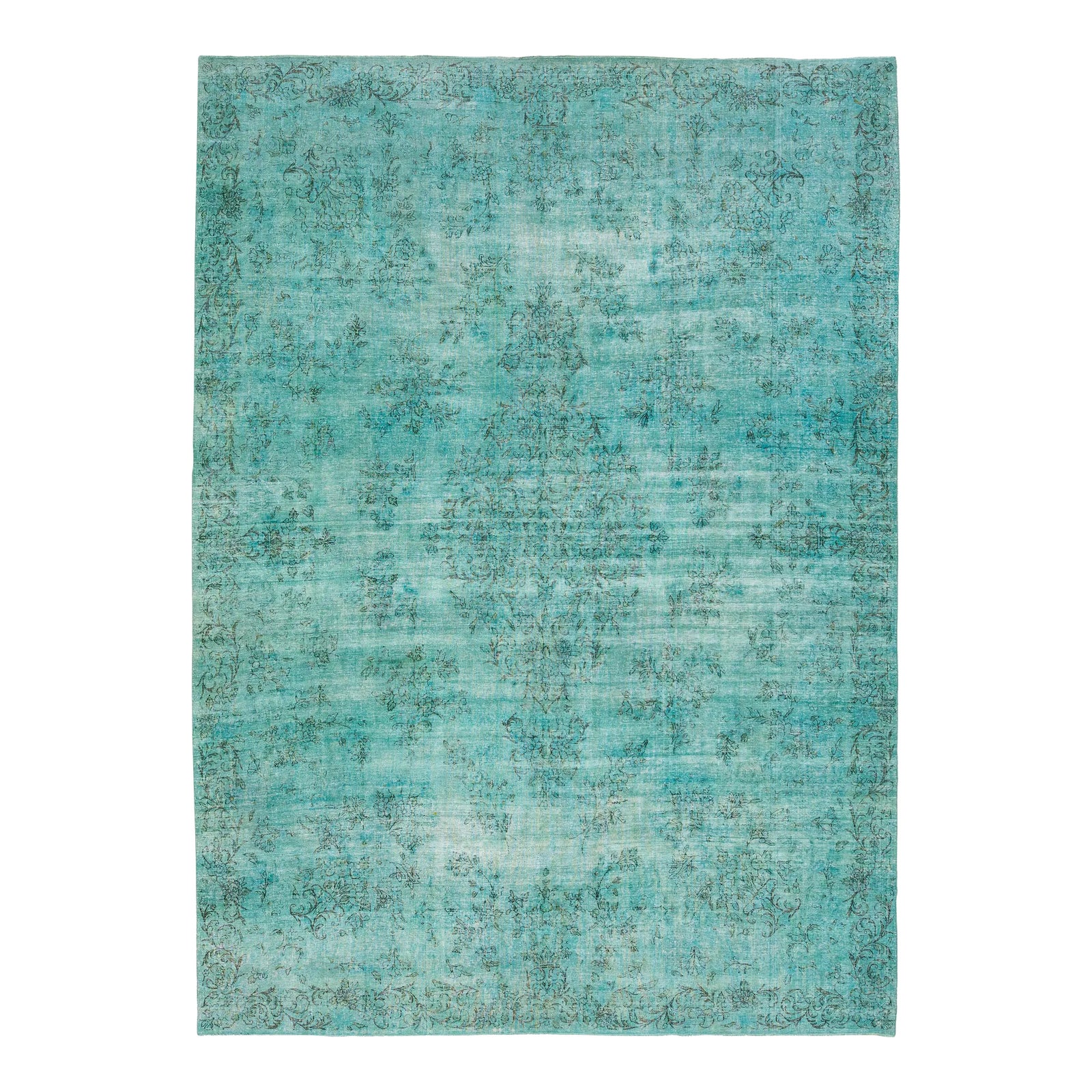 Allove Designed Antique Wool Rug Overdyed in Turquoise Color | Chairish