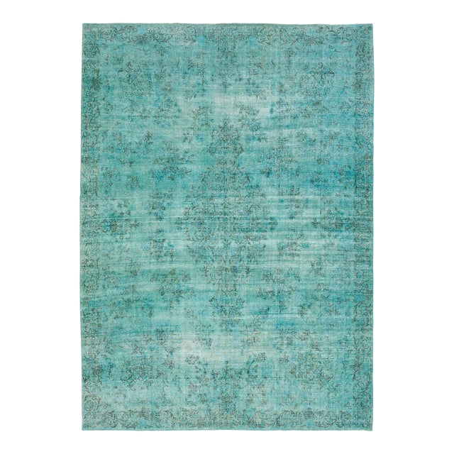 Allove Designed Antique Wool Rug Overdyed in Turquoise Color For Sale