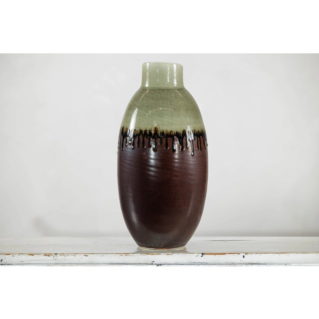 Green and Brown Ceramic Vase with Drip Glaze and Asymmetric Rim For Sale - Image 11 of 12