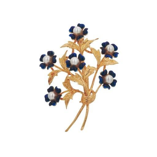 Gold Vintage 18k Gold Italian Floral Brooch With Enamel and Pearls For Sale - Image 8 of 9