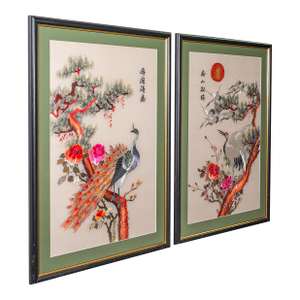Tall Pair of Vintage Bird Embroideries, Oriental, Framed, Wildlife Art, c.1980
