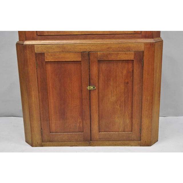 Antique Colonial Primitive Cherry Wood Glass Front Corner China Cabinet Cupboard For Sale - Image 4 of 18