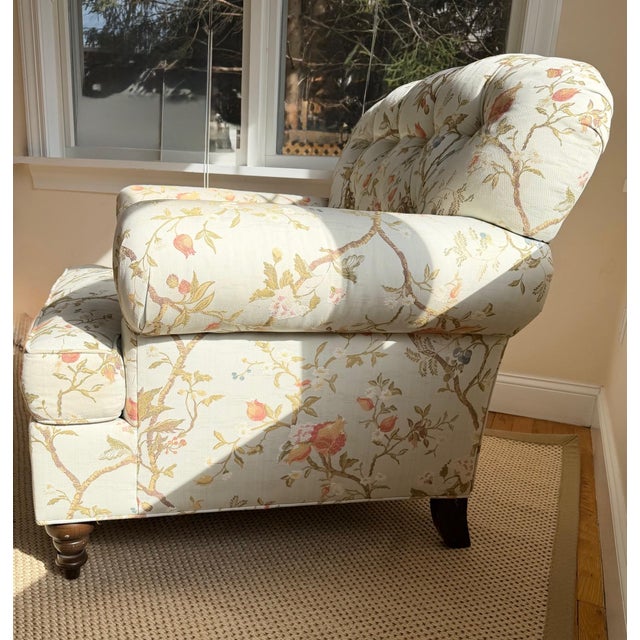 Custom Tufted Scalamandre Sky Blue Floral Lounge Chair and Ottoman Set For Sale - Image 16 of 18