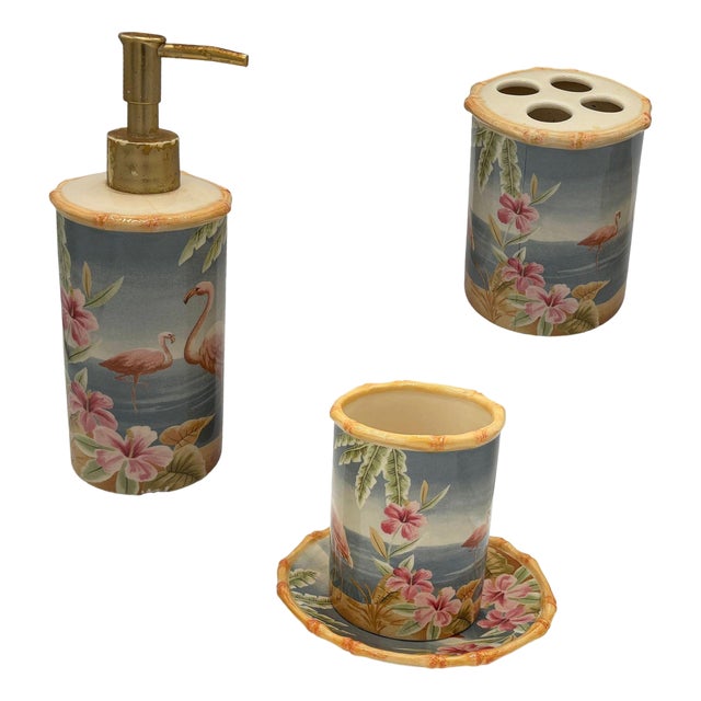 Set of 3 1980's Hand-Painted Tropical "Palm Coast" Bathroom Sink Set by Carter Club For Sale