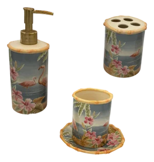 Set of 3 1980's Hand-Painted Tropical "Palm Coast" Bathroom Sink Set by Carter Club