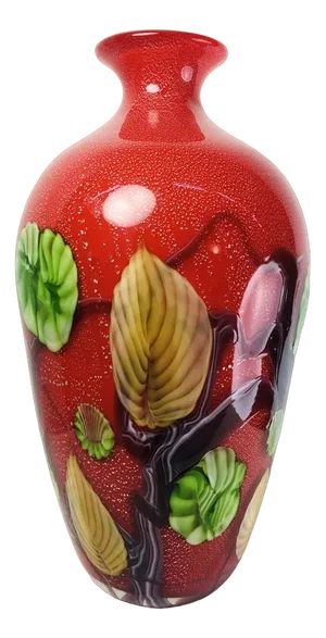Large Mid-Century Modern Red Murano Glass Vase with Floral Motifs, 1970s
