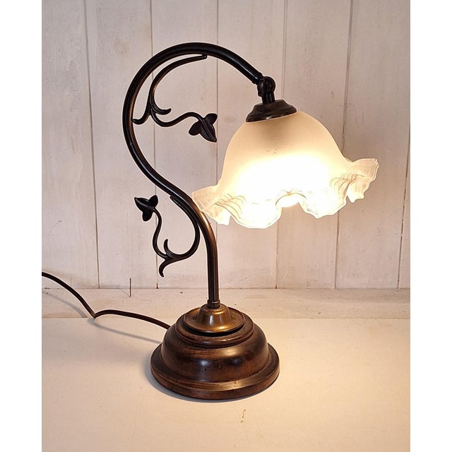Vintage Table Lamp with Patinated Brass Frame on Maple Base and Adjustable Decorated Glass Shade, 1970s For Sale - Image 3 of 6