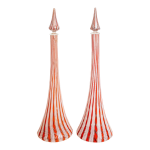 Pair of 1950s Orange Swirl Decanters With Matching Stoppers Attributed to Fratelli Toso