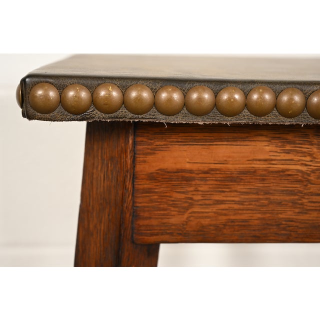 Wood Stickley Brothers Antique Mission Oak Arts & Crafts Leather Top Tabouret Side Table, Circa 1910 For Sale - Image 7 of 10