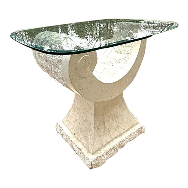 Travertine Sculptural Base Cocktail Drinks Coffee Side Table With Glass Top For Sale