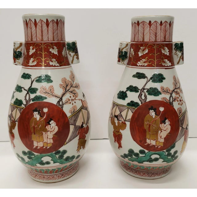 Air of Circa 1960 Japanese Kutani Style Porcelain Auspicious Motifs Arrow Vases (Showa Period) For Sale - Image 4 of 9