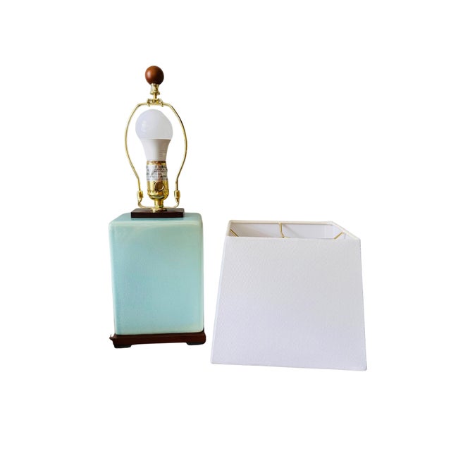 Pair of Lauren Ralph Lauren Celadon Crackle Glazed Porcelain Table Lamps | Coastal Modern Transitional Lighting With Original Shades For Sale - Image 9 of 15