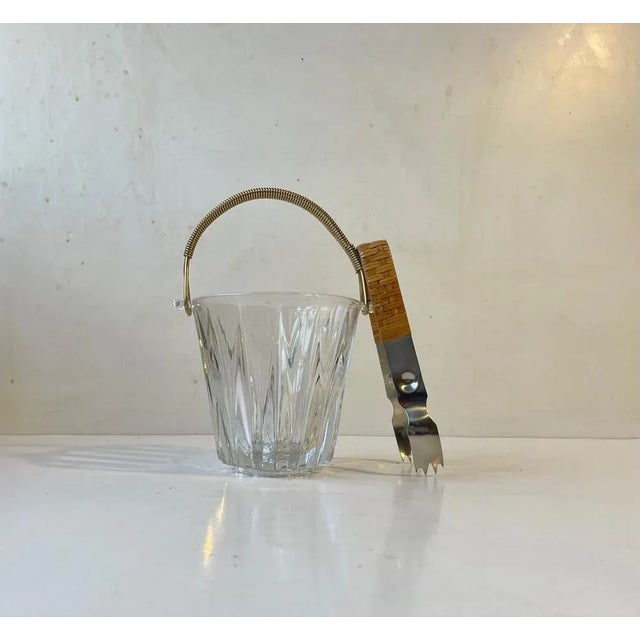 Glass Italian Modern Etched Crystal Ice Bucket with Rattan Tong, 1960s, Set of 2 For Sale - Image 7 of 7