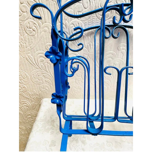 Vintage Mid Century Blue Enameled Scrolled Iron and Flowers Magazine Rack For Sale - Image 4 of 12
