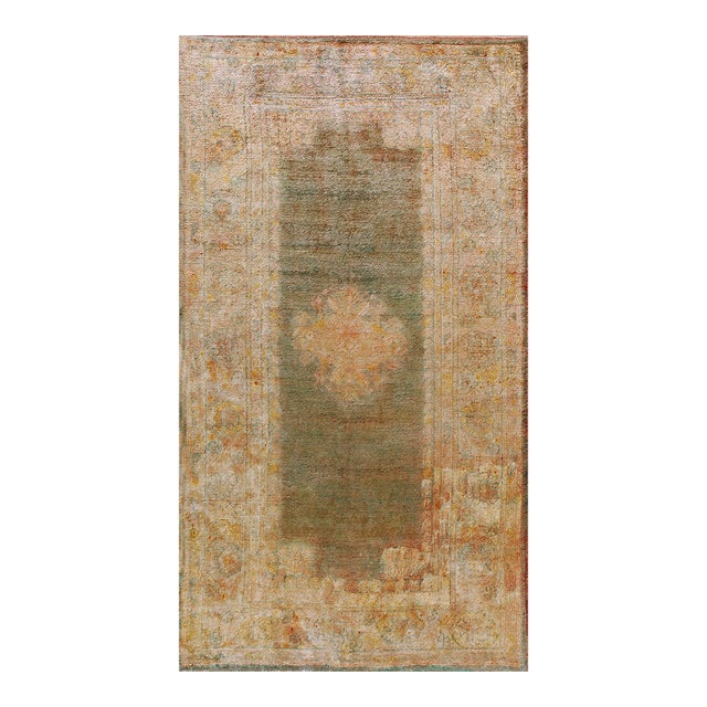 1880s Sky Blue Ghiordes Tribal Antique Turkish Angora Oushak Rug 5' X 8' 9" Knotted Wool Carpet For Sale