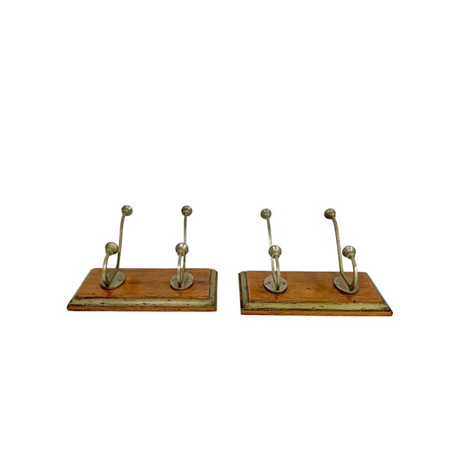 Pair of Vintage French Mid Century Wood and Metal Double Wall Hooks on Wood Plaques For Sale - Image 17 of 18