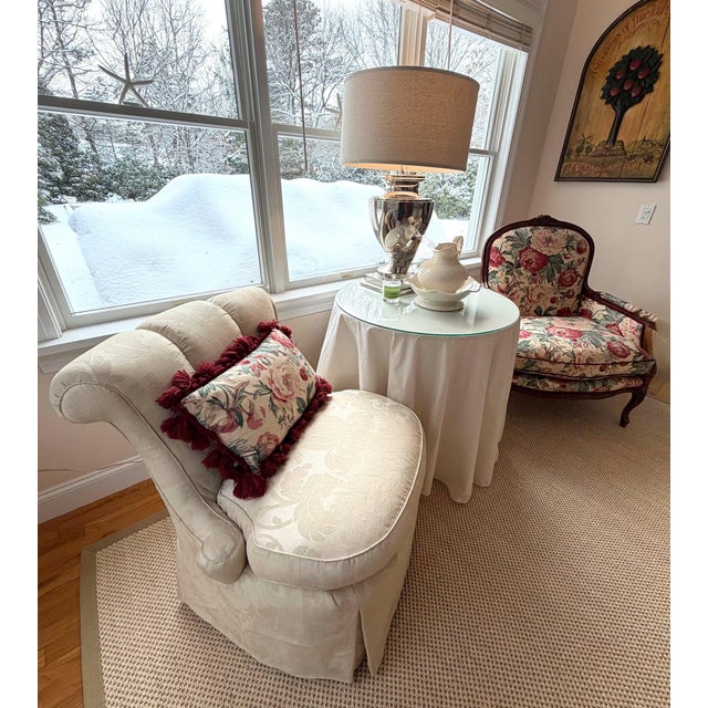 Custom Scallop Backed, Skirted Slipper Chairs in Cloud Dancer Damask, a Pair For Sale - Image 14 of 18
