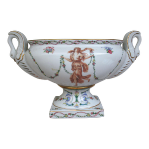 Antique French Neoclassical Ornate Porcelain Nymph & Flowers Centerpiece Bowl With Swan Handles
