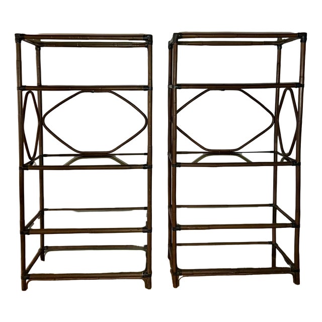 Rattan and Smoked Glass Shelves, 1960s, Set of 2 For Sale
