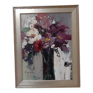 Signed Impressionist Impasto MCM Flower Painting in Custom Silver Gilt Frame For Sale
