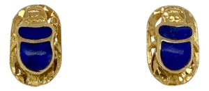 14k Gold Lapis Lazuli Egyptian Revival Scarab Earrings, A Pair