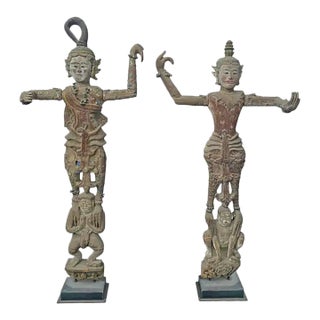 Life-Sized Burmese Wooden Teak Nat Statue Spirit Guardians Pair, Early 20th Century For Sale