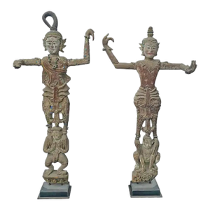 Life-Sized Burmese Wooden Teak Nat Statue Spirit Guardians Pair, Early 20th Century