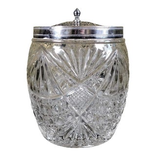 1950s Cut Glass Biscuit Jar or Ice Bucket With Silver Metal Lid For Sale