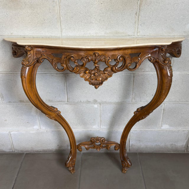 Vintage Louis XV Console Table with Mirror, Carved Wood and Marble Top, 1960s, Set of 2 For Sale - Image 4 of 16