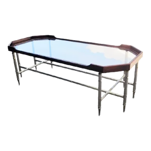 Vintage Rectangular Wood, Glass Brass Faux Bamboo Regency Style Coffee Table