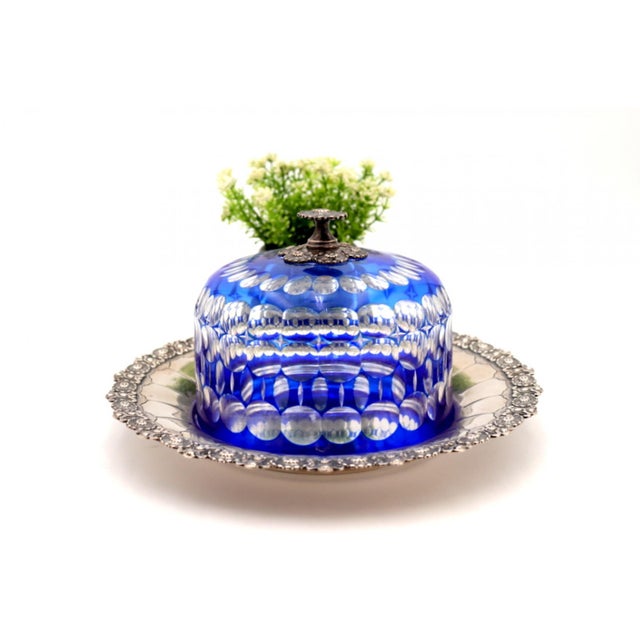 Cheese Bowl in Blue Cut Glass with Silver Plate, Set of 2 For Sale - Image 3 of 7
