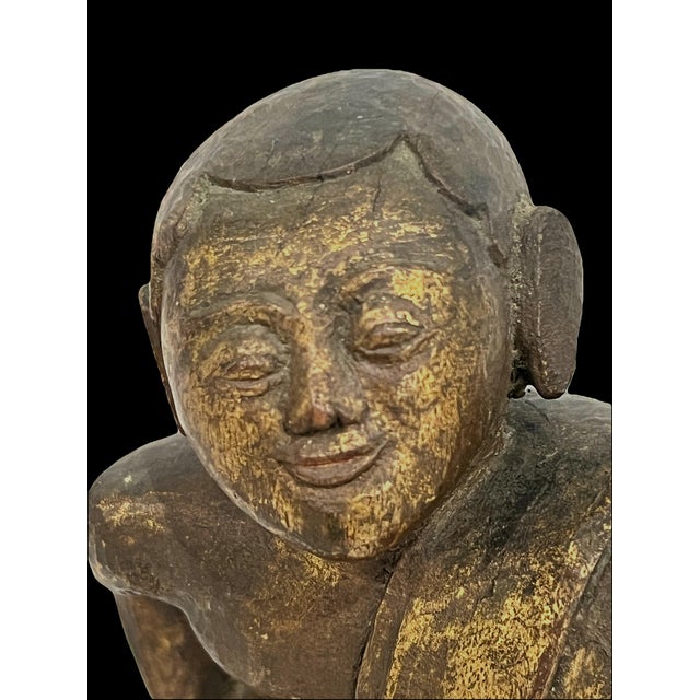 Gold Late 19th Century Antique Wood Hand Carved Burmese Monk Figure With Gilding For Sale - Image 8 of 12