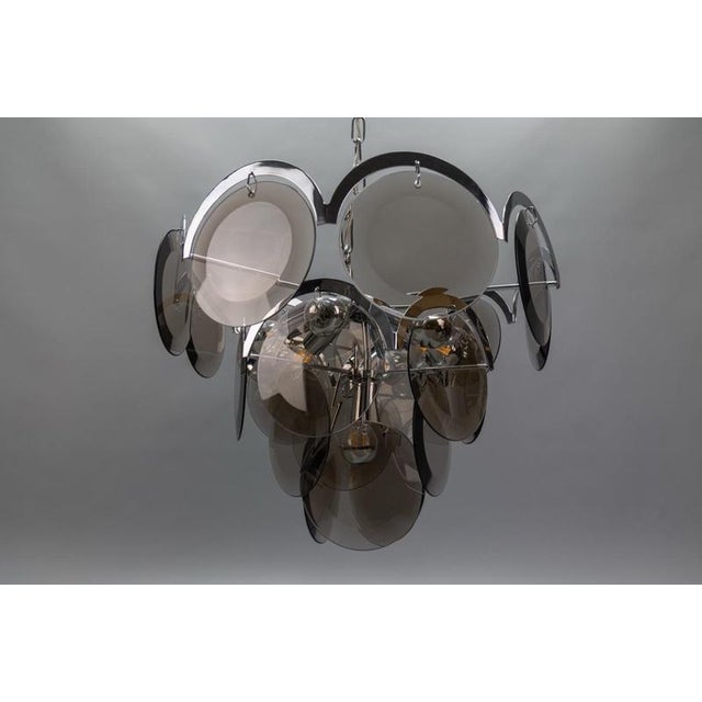 1970s Smoked Glass and Chromed Metal Seven-Light Pendant Chandelier, 1970s For Sale - Image 5 of 18