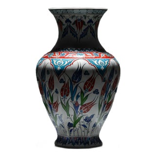 Handmade Ceramic Iznik Vase (Faceted Form) Red Tulip and Blue Arch Pattern For Sale