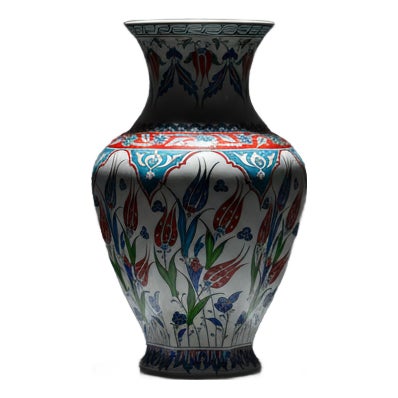 Handmade Ceramic Iznik Vase (Faceted Form) Red Tulip and Blue Arch Pattern For Sale