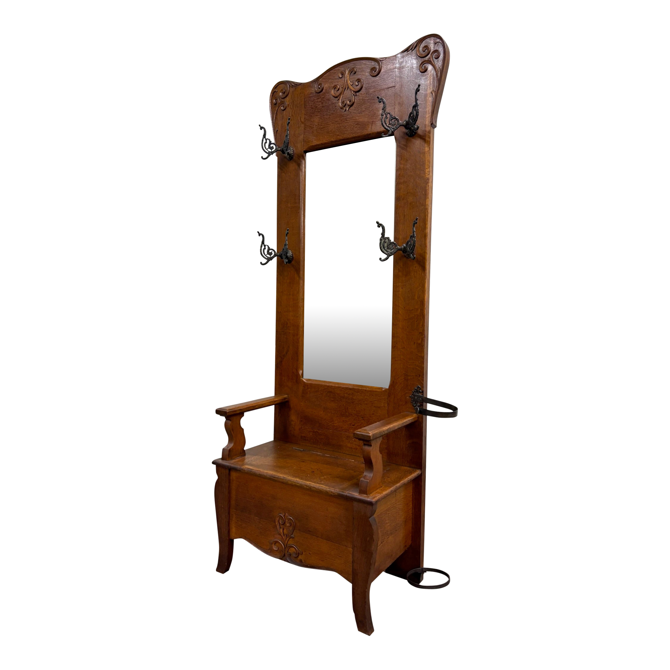 Antique Victorian Carved Tiger Oak Hall Tree With Mirror and