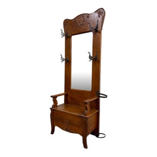 Antique Victorian Carved Tiger Oak Hall Tree With Mirror and Storage For Sale