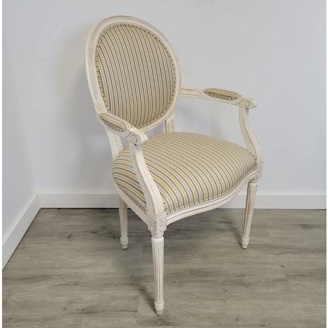 Ethan Allen Louis XVI French Striped Style Oval Back Armchairs in Distressed White Finish For Sale - Image 10 of 13