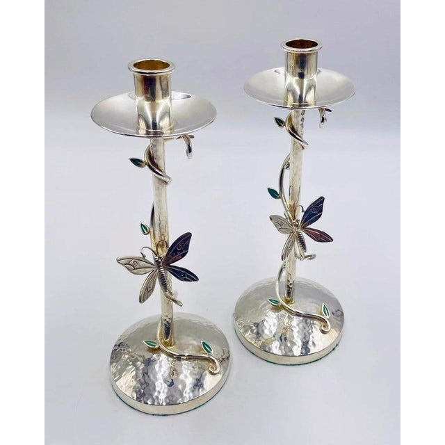 Pair of Emilia Castillo Silver-Plated Candlesticks With Emerald Stone Inlay For Sale In Los Angeles - Image 6 of 18