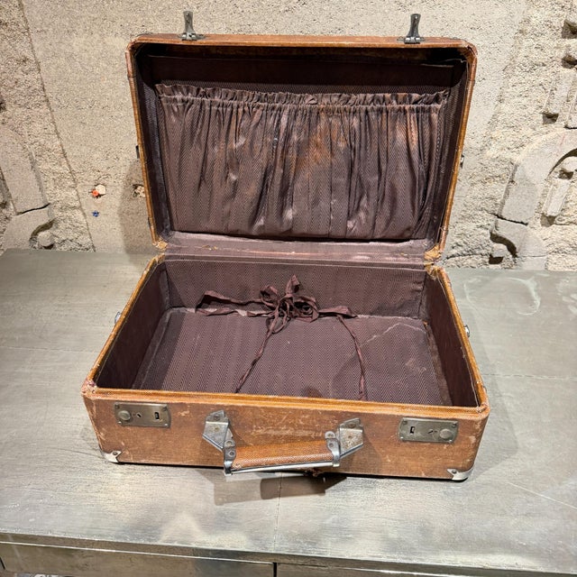 Weathered Brown Vintage Suitcase With Metallic Latches Industrial For Sale - Image 15 of 16