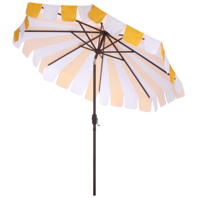 Metal Meze 9 Ft Crank Umbrella, Yellow Cabana Stripe/Brown Pole For Sale - Image 7 of 9