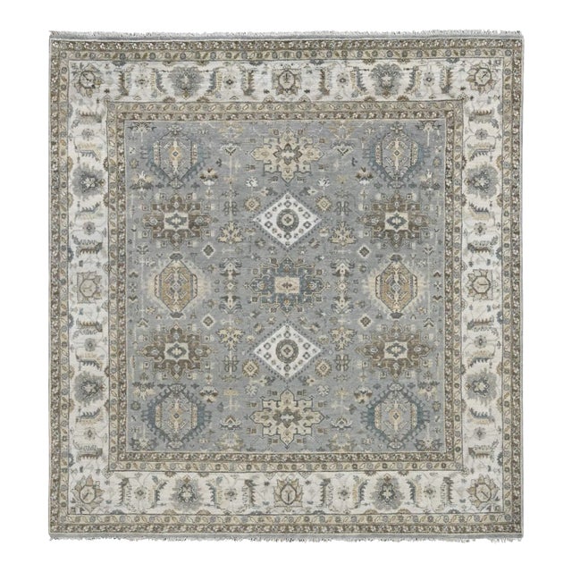 2010s Gray and Ivory, Karajeh Design With Geometric Medallion, Natural Wool, Square Oriental Rug For Sale