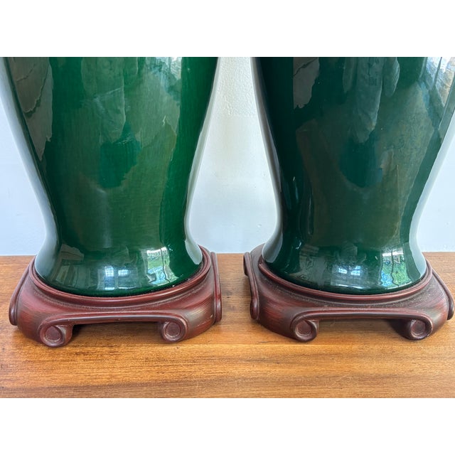 1980s Forest Green Porcelain Urn Form Lamps - A Pair For Sale - Image 6 of 9