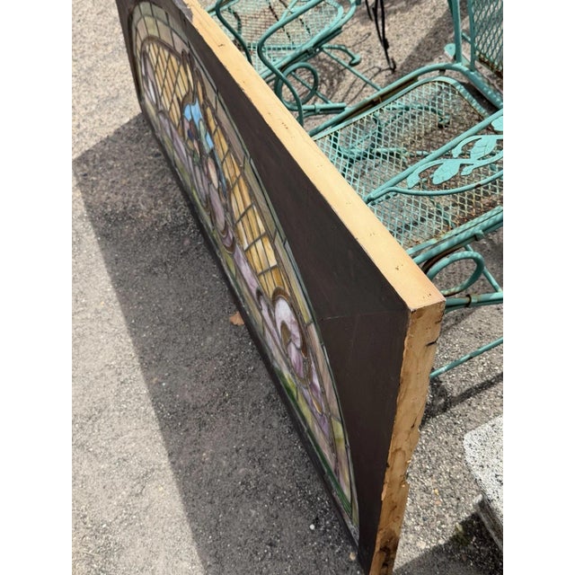 Antique Art Nouveau Colored Stained Glass Fruit 27 X 75 Arched Transom Window, A For Sale - Image 15 of 18