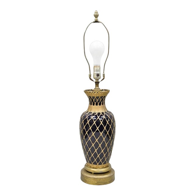 Antique Chinoiserie Japanese Cobalt Blue Porcelain Vase Brass Lattice Table Lamp For Sale