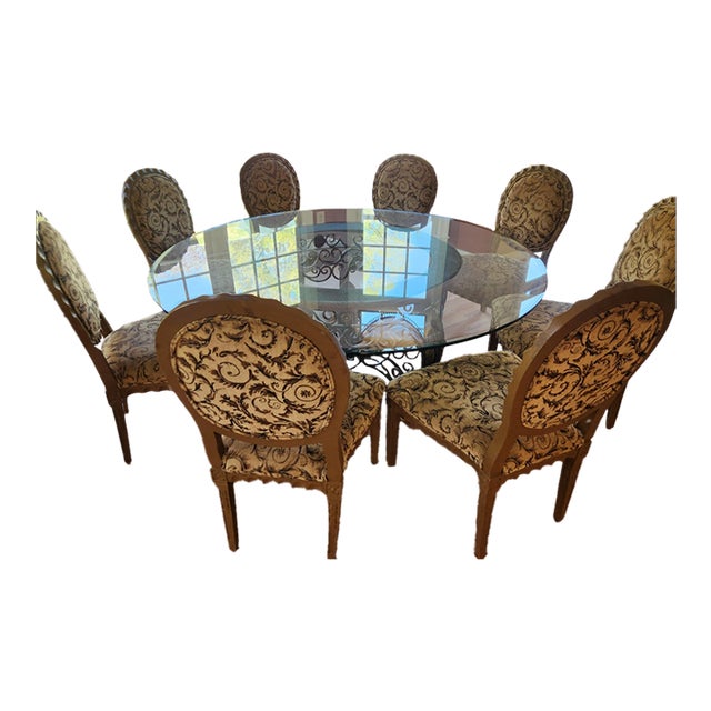 Custom Round Glass Dining Table With Eight Matching Chairs For Sale