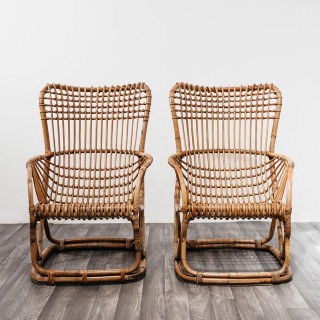 Tito Agnoli B4 Bonacina Armchairs in Rattan by Tito Agnoli for Vittorio Bonacina, 1950s, Set of 2 For Sale - Image 4 of 10